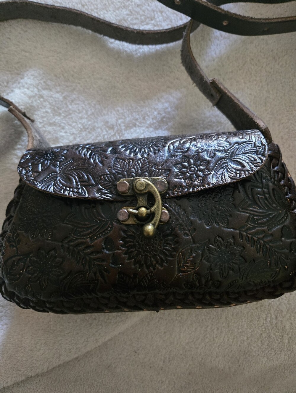 Small Brand New Embossed Floral Leather Crossbody Bag in Dark Brown